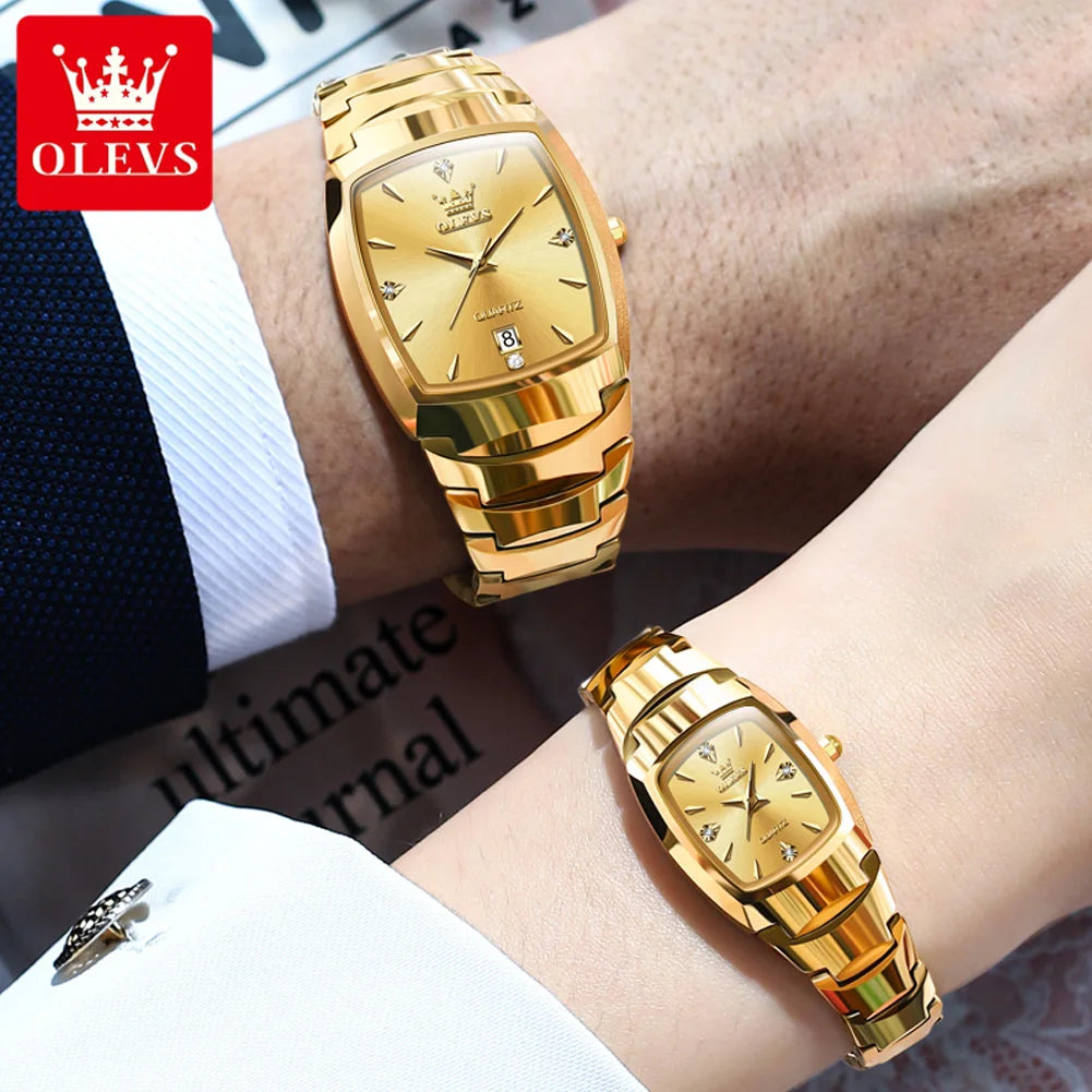 OLEVS 7006 Couple Watch for Men and Women Tungsten Steel Strap Waterproof Date Clock He and Her Watch Sets for Gifts Lover Watch