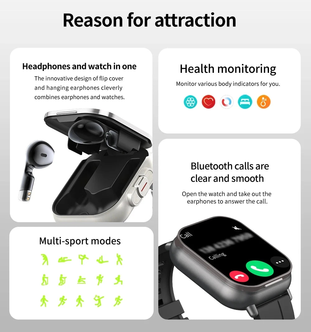 2-In-1 Smart Watch Built In Ear Phone For  Motorola RAZR 50 Oppo Reno7 SE 5G VIVO V29 Men 2" Fitness Make Call Nfc Music Control