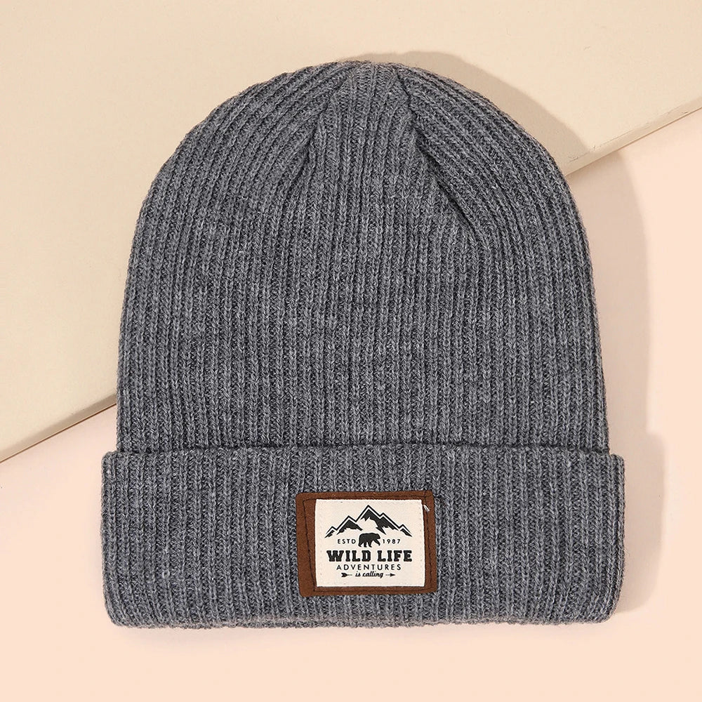 Autumn/Winter Labeled Beanie Unisex Outdoor Stretch Foldable Knitted Hat Warm Pullover Cap for Men Woman Cycling Travel Hiking