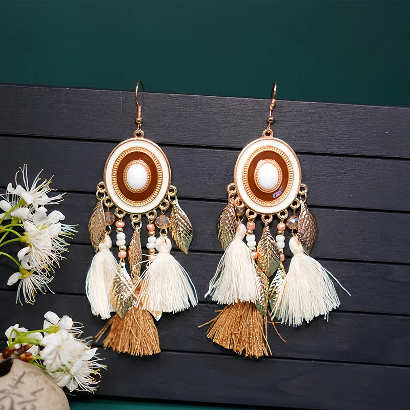 Fashion Boho Oval Drop Glaze Tassel Earrings for Women Ethnic Temperament Metal Leaf Bead Dangle Earring Vacation Party Jewelry