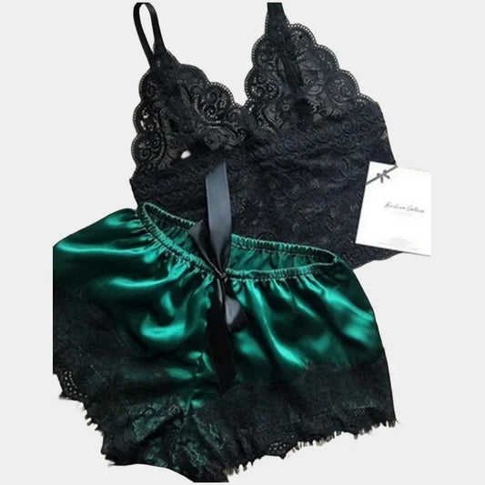 Women Fashion Elegant Pajama Sets Women Lace Silk Sleepwear Sexy Lingerie Crop Tops and Shorts Babydoll Loungewear Pijamas