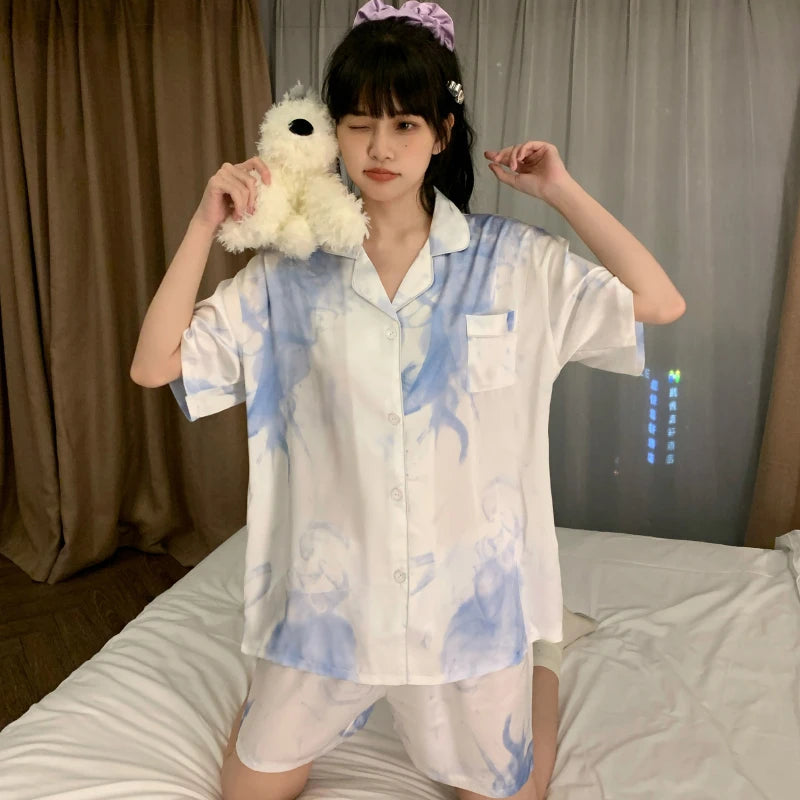 Lotus Leaf Flower Side Cartoon Print Pajamas for Women Purple Bear Graphic Female Short Lounges 2024 New Y2k Summer Housewear