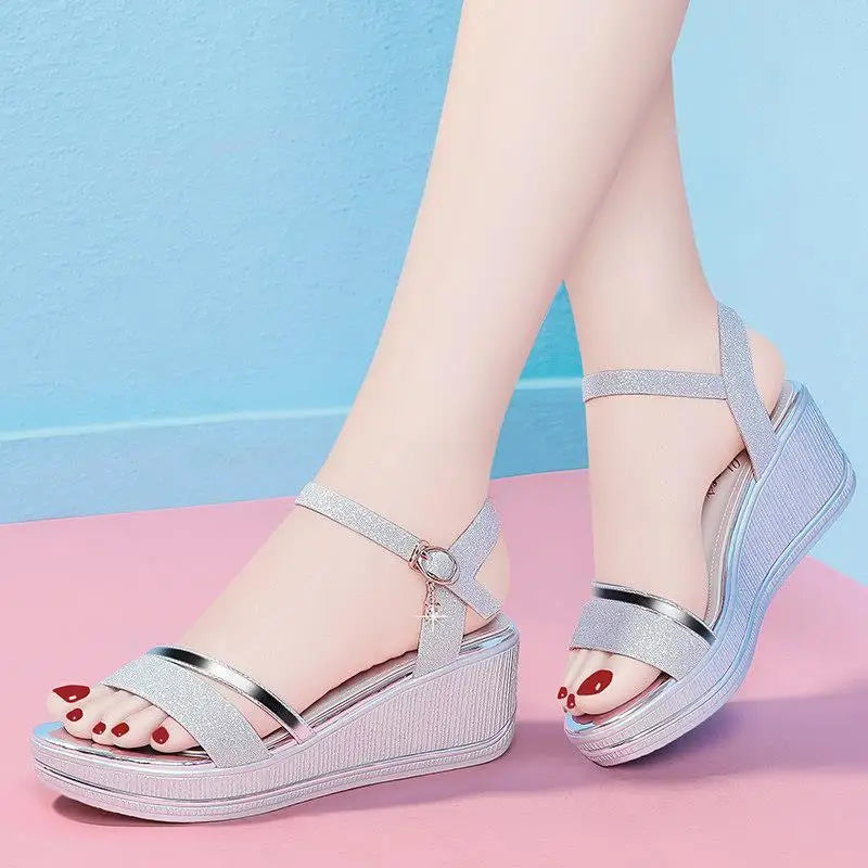 Womens Sandals for 2024 Orthopedic Platform Summer New Fashion Elegant Roman Rhinestone Wedge High-Heeled Sandal Woman Silver