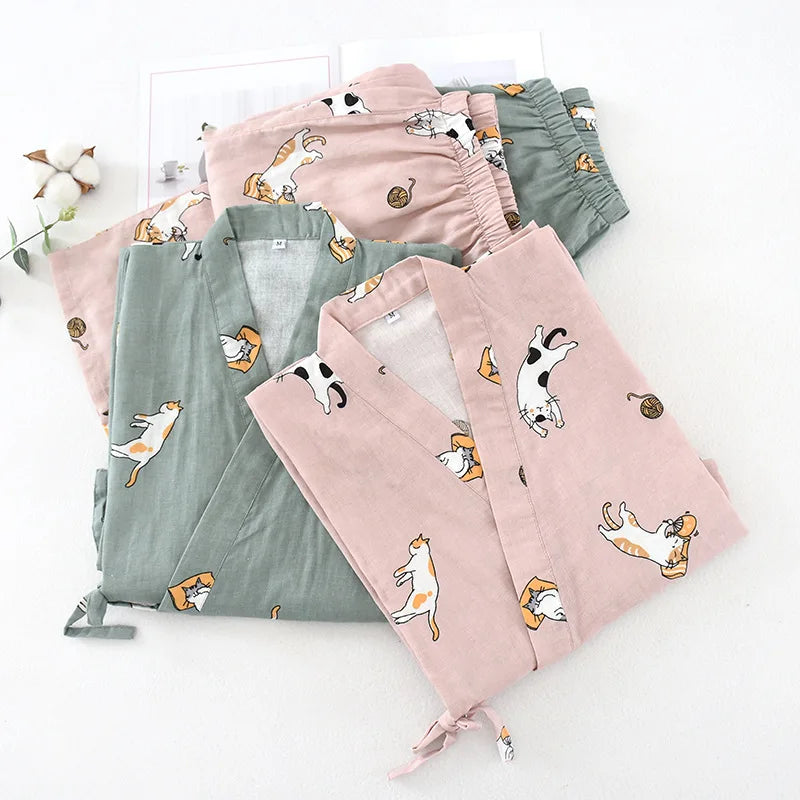 Women Kimono Pajamas Homewear Suit Cat Printing Cartoon Design Long Trousers Sleep Wear Spring and Summer Women Pijamas De Mujer