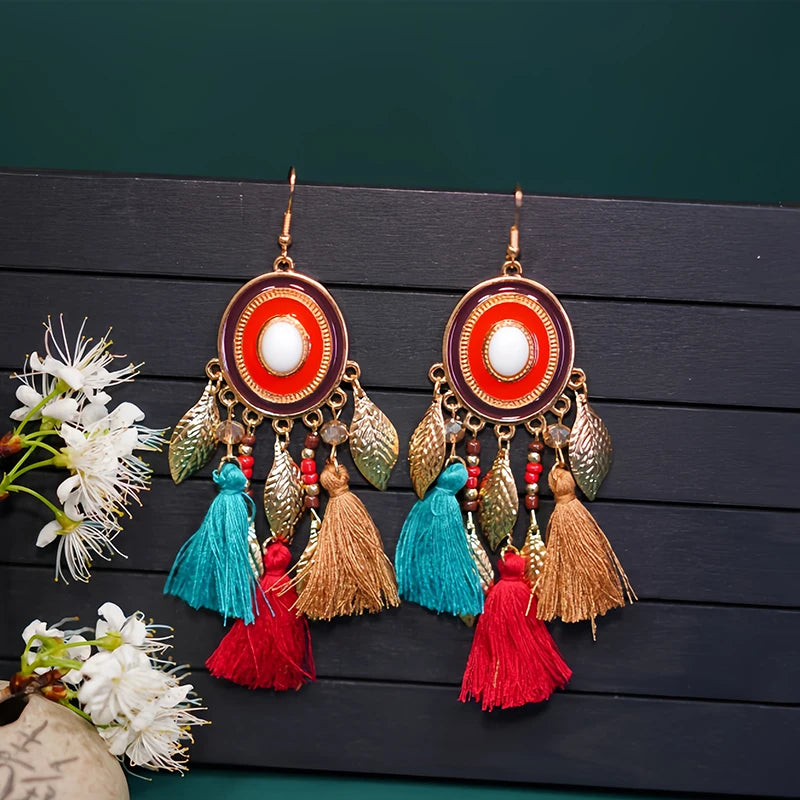 Fashion Boho Oval Drop Glaze Tassel Earrings for Women Ethnic Temperament Metal Leaf Bead Dangle Earring Vacation Party Jewelry