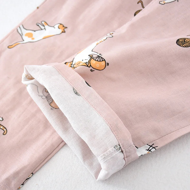 Women Kimono Pajamas Homewear Suit Cat Printing Cartoon Design Long Trousers Sleep Wear Spring and Summer Women Pijamas De Mujer