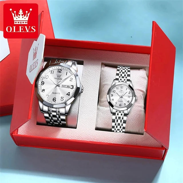 OLEVS 9970 Couple Watch Classic Digital Dial Stainless Steel Rhombus Mirror Luxury Top Quartz Watches for Men Women Lover's Gift