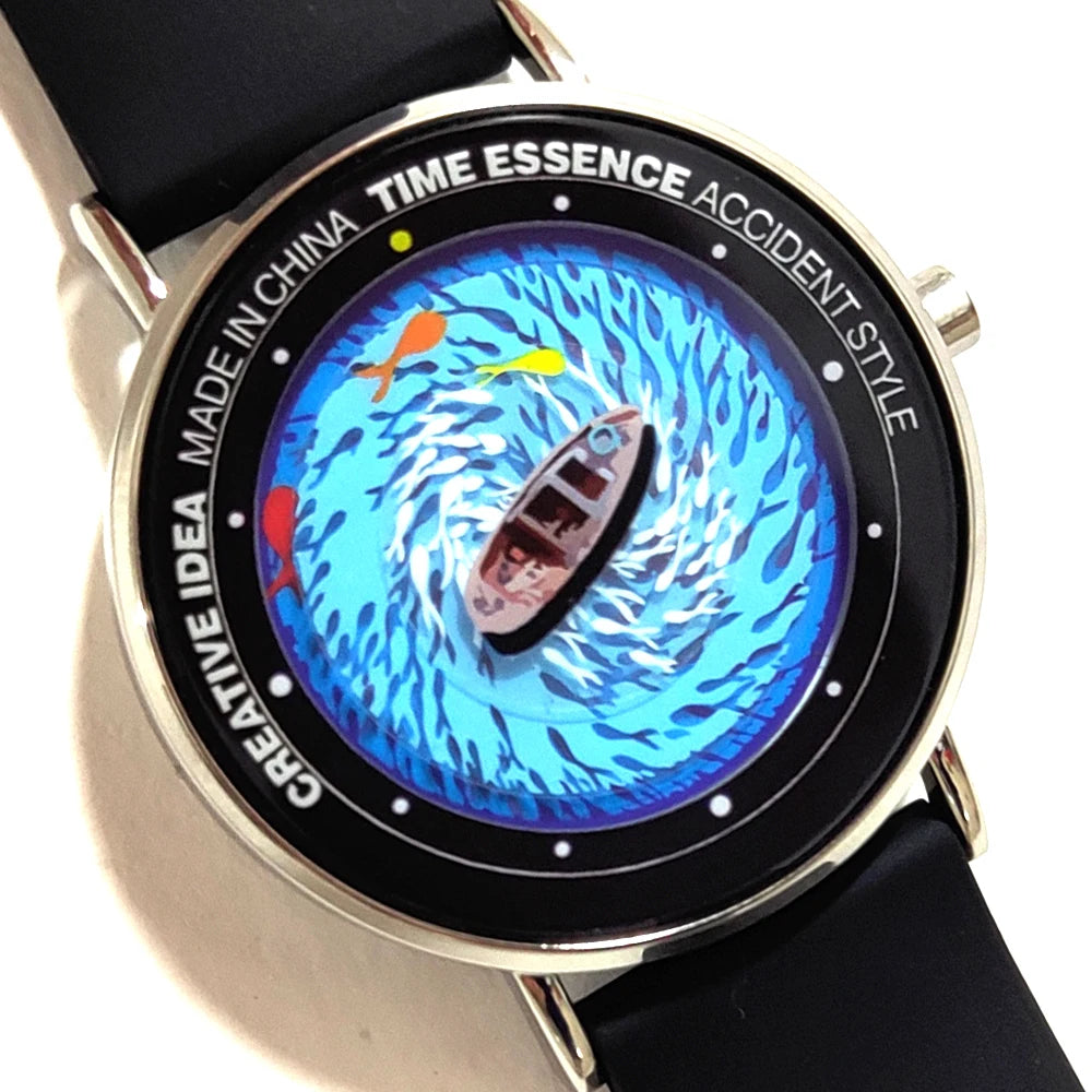 Creative Watches Quartz Original Watch with Ship Wave & Fishes Design Waterproof Wristwatch Comfortable Silicone Strap