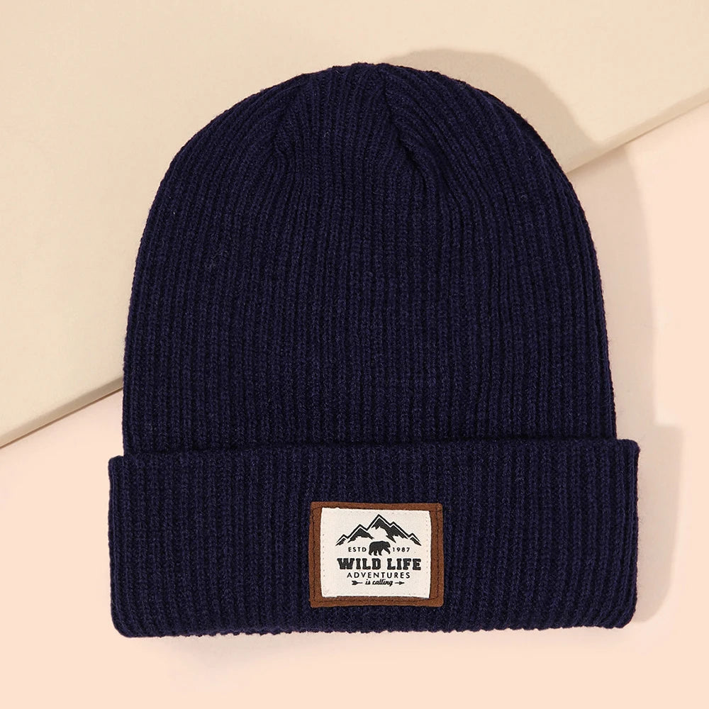 Autumn/Winter Labeled Beanie Unisex Outdoor Stretch Foldable Knitted Hat Warm Pullover Cap for Men Woman Cycling Travel Hiking