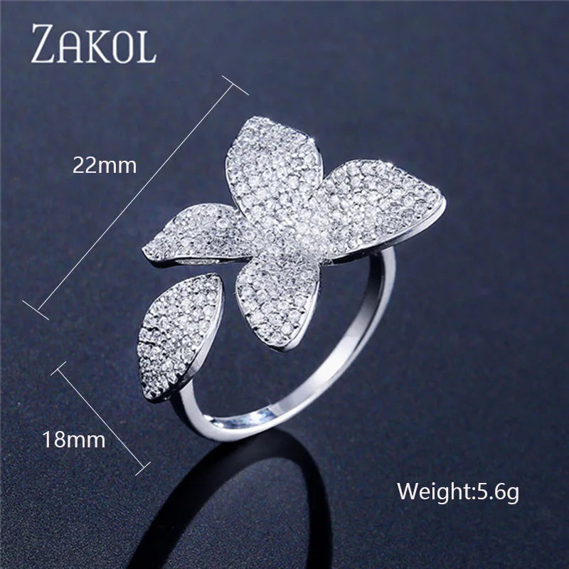 ZAKOL Fashion White Zirconia Leaf Open Rings for Girl Trendy Crystal Wing Finger Adjust Ring Party Women Jewelry