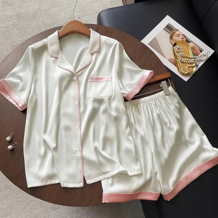 Embroidery Grapic Women's Pajama Set Faux Silk Satin Pajamas Sets Two Piece Shorts Set Women Comfortable Home Pajamas Clothing