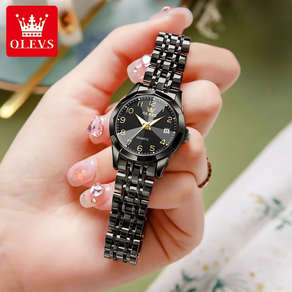 OLEVS 9970 New Luxury Quartz Couple Watch For Men Women Number Dial Rhombus Mirror Hand Clock Stainless Steel Original Watches