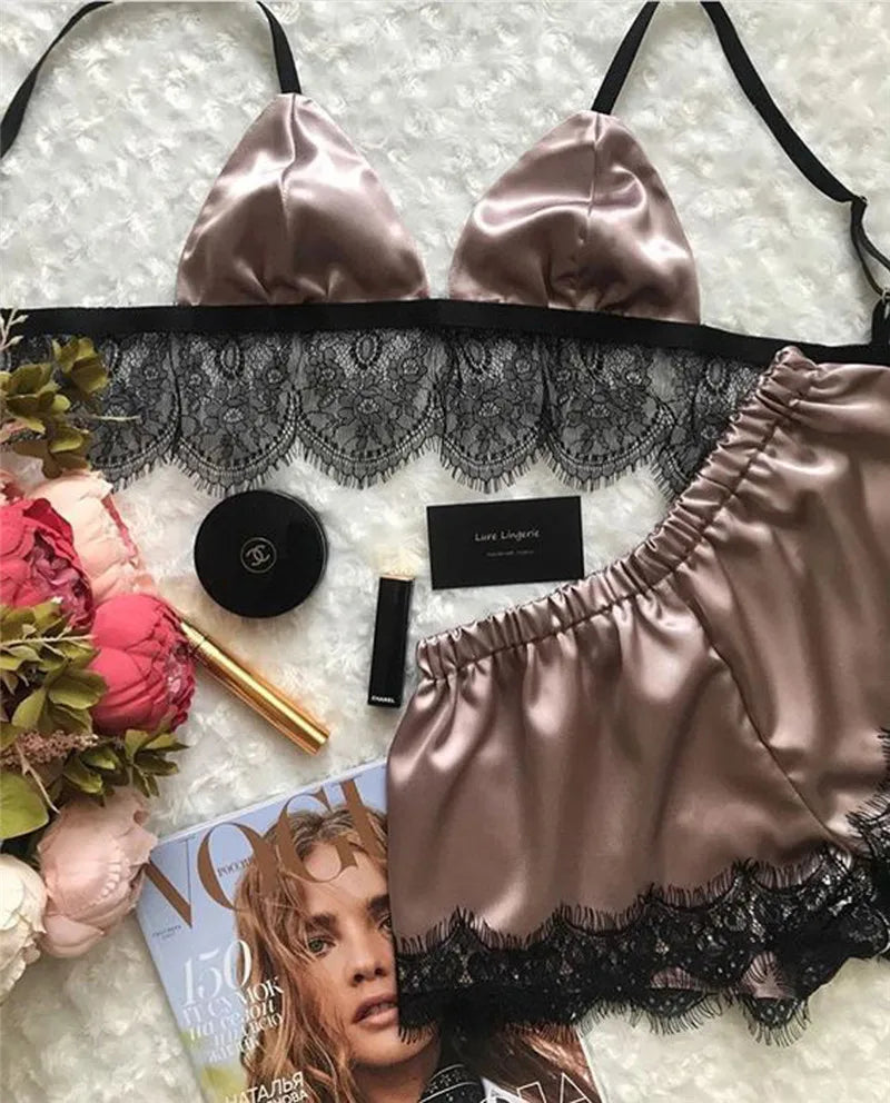 2023 New Pajamas for Women Sexy Satin Pajamas Set Comfortable Home Clothes Sleeveless Cute Bra  and Shorts V Neck Sleepwear