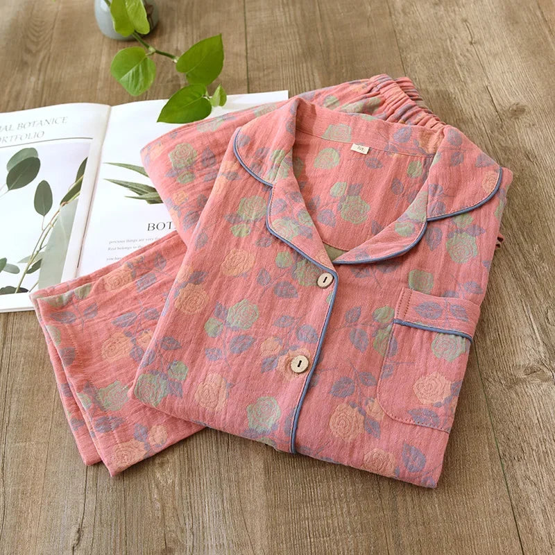 2024 New Women's Spring and Autumn Pajama Set 100% Pure Cotton Retro Chinese Style Long Sleeve Two Piece Set Large Home Fury