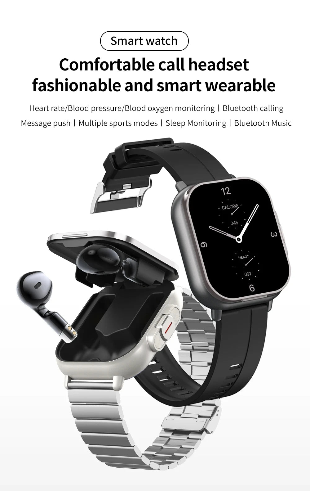 2-In-1 Smart Watch Built In Ear Phone For  Motorola RAZR 50 Oppo Reno7 SE 5G VIVO V29 Men 2" Fitness Make Call Nfc Music Control