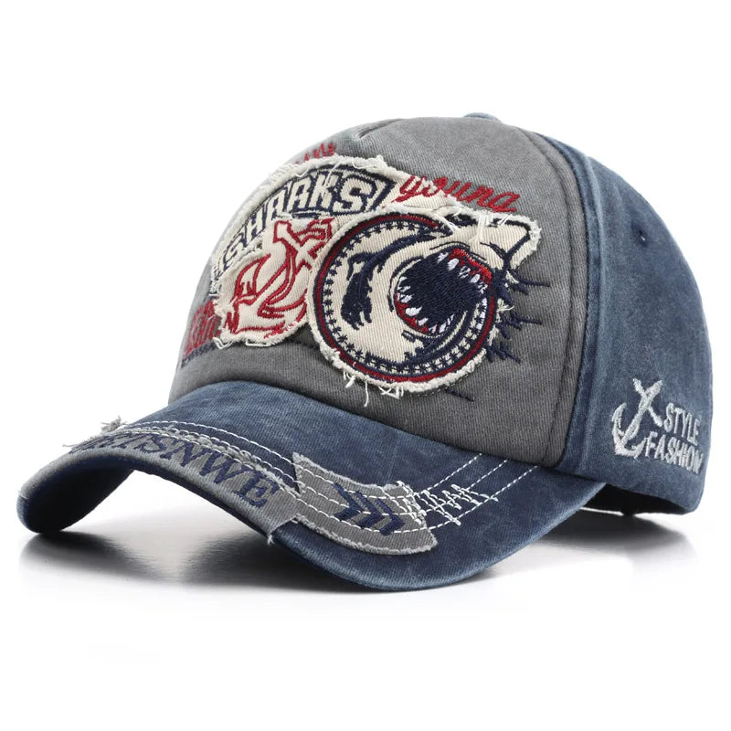 2022 Men's and Women's Outdoor Baseball Cap Shark Cowboy Hat Adjustable Peaked Cap Sun Hat Embroidered Washed Cotton Hat Couple