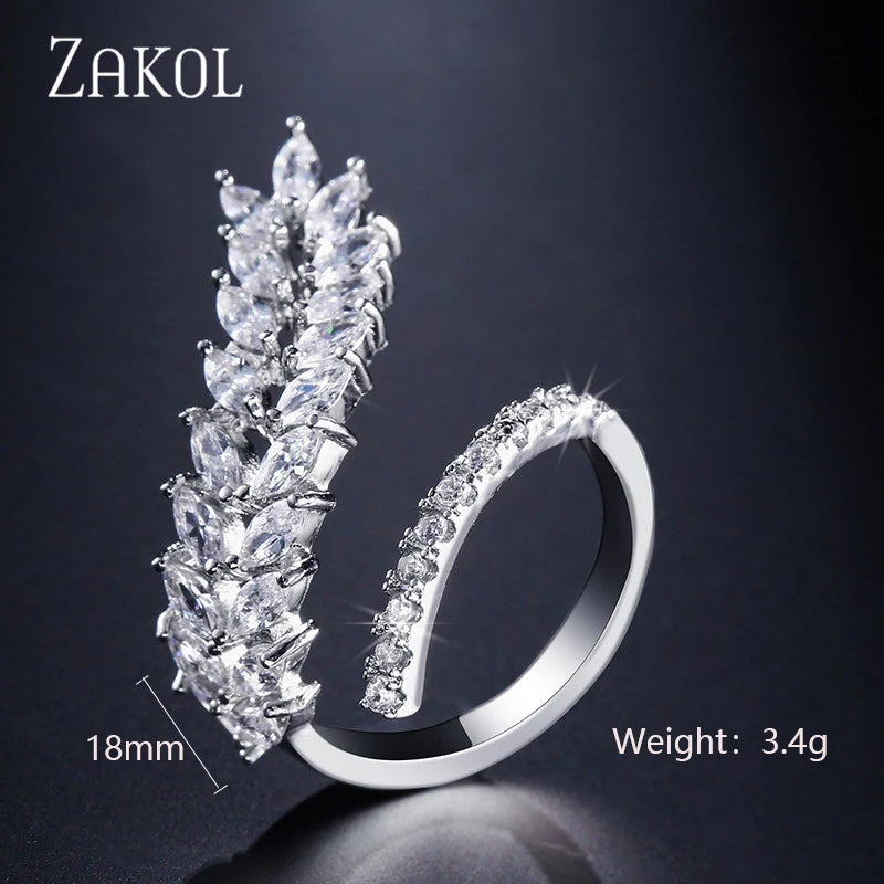 ZAKOL Fashion White Zirconia Leaf Open Rings for Girl Trendy Crystal Wing Finger Adjust Ring Party Women Jewelry