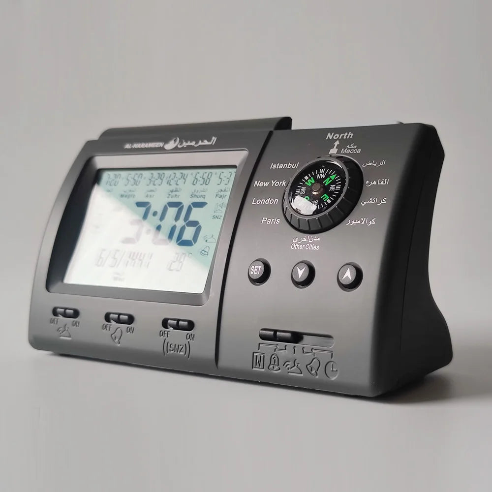 Table Clock Muslim Pray Azan Time Reminder for all Cities Al-Harameen Mecca Desk Prayer Alarm with Qibla Compass Hijri Calendar