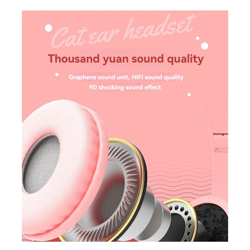 Bluetooth Cat Ear Headphones For Kids Wireless Mode Foldable Headset With Mic, RGB LED Light For Gift School Gaming