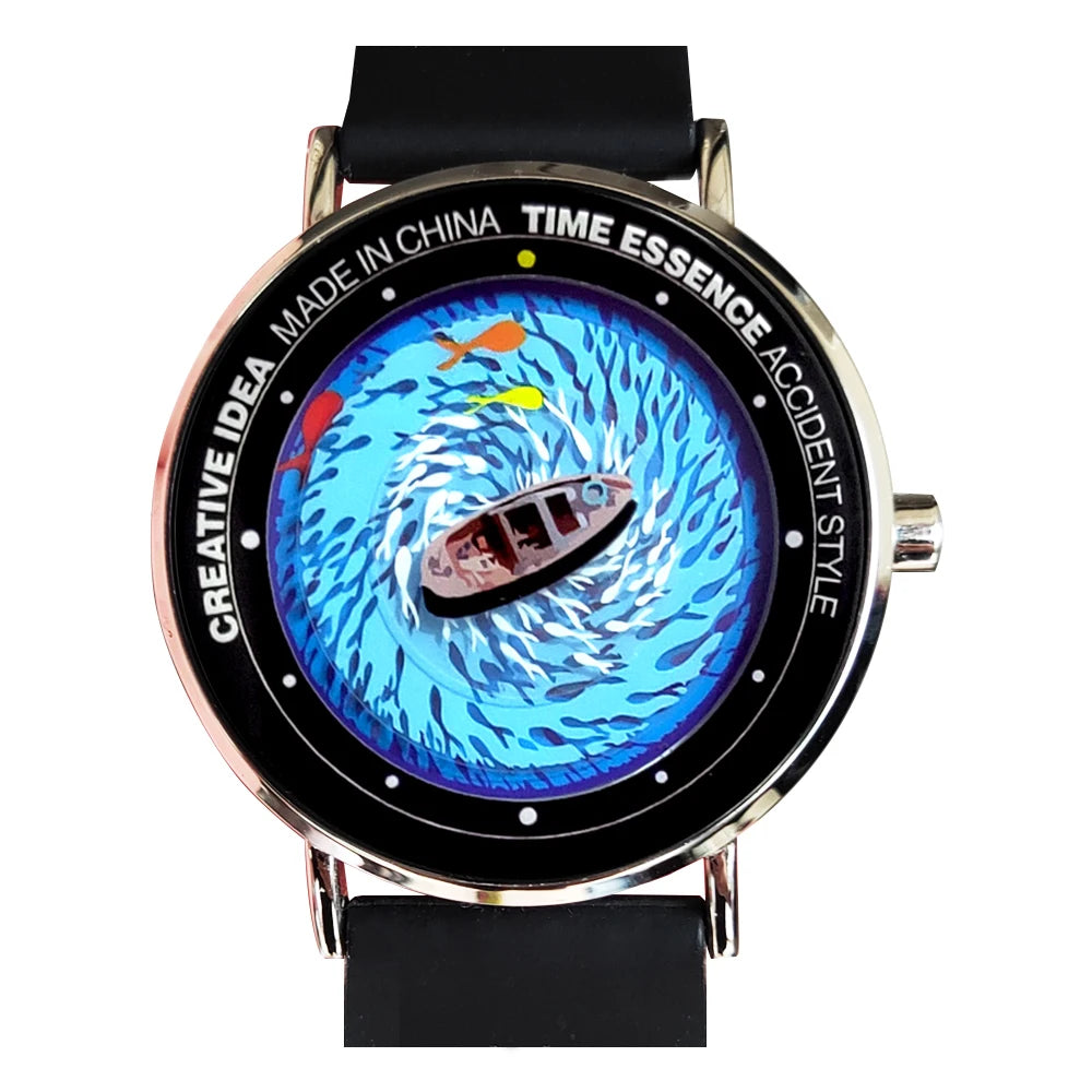 Creative Watches Quartz Original Watch with Ship Wave & Fishes Design Waterproof Wristwatch Comfortable Silicone Strap