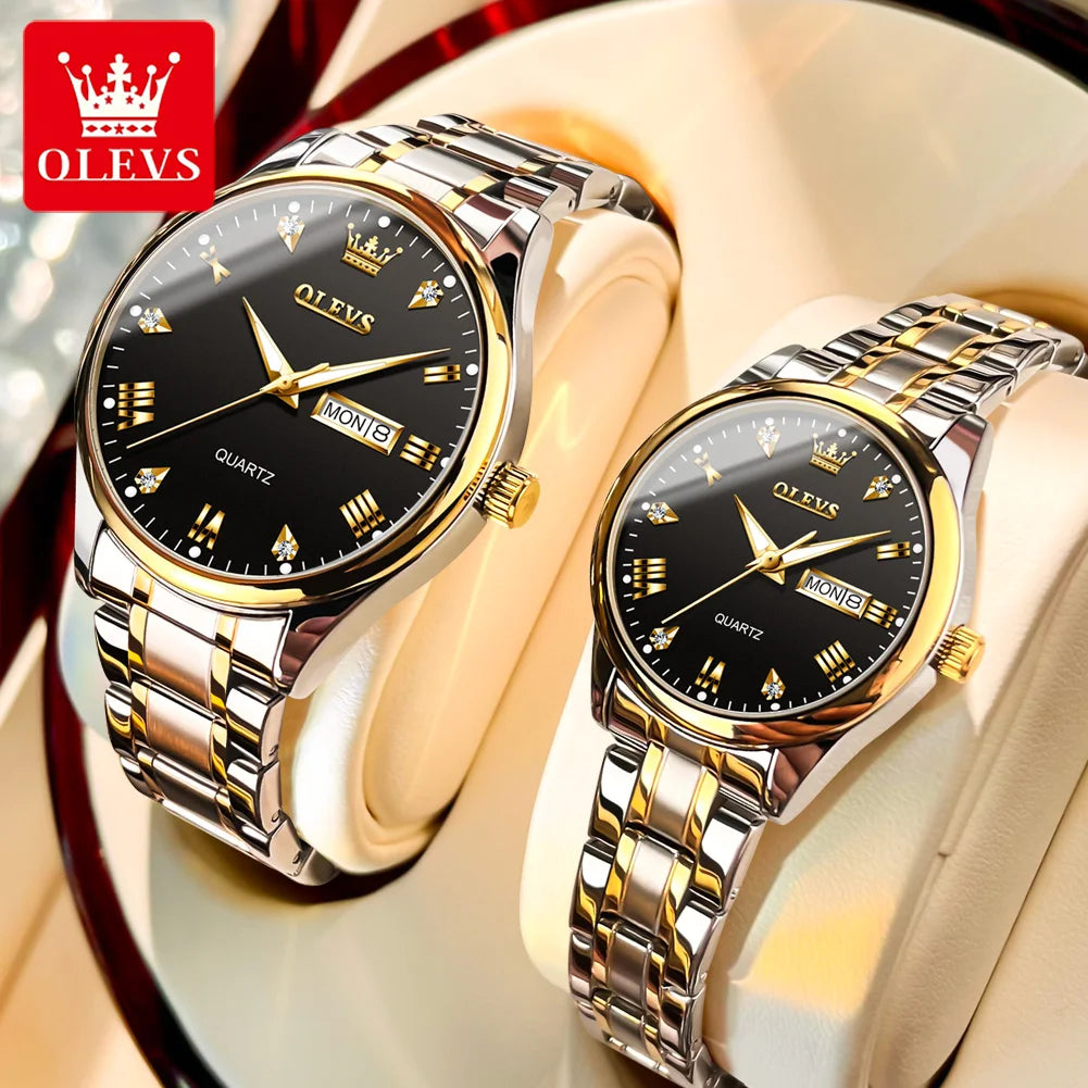 OLEVS 5563 Diamond Luxury Quartz Couple Watches Stainless Steel Waterproof Watch For Men Women Dual Calendar Fashion Hand Clock