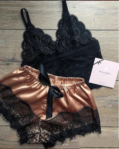 Women Fashion Elegant Pajama Sets Women Lace Silk Sleepwear Sexy Lingerie Crop Tops and Shorts Babydoll Loungewear Pijamas