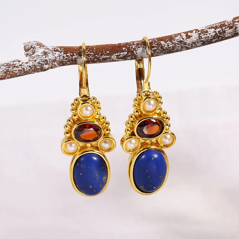 Fashion Gold Color Temperament Female Earrings Oval Lapis Lazuli Inlaid Pearl Leverback Drop Earrings Party Jewelry