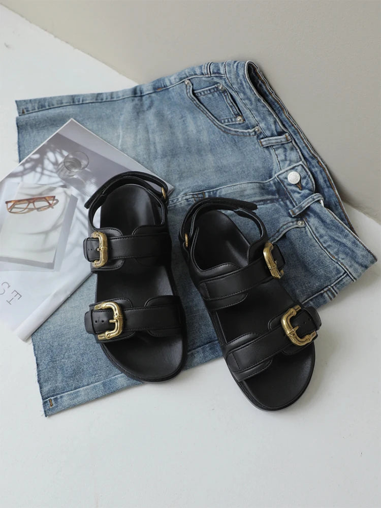 MOOQDAAX 2024 Spring Summer Women Fashion Genuine Leather Thick Sole Roman Sandals Female Solid Color Casual Beach Flat Shoes