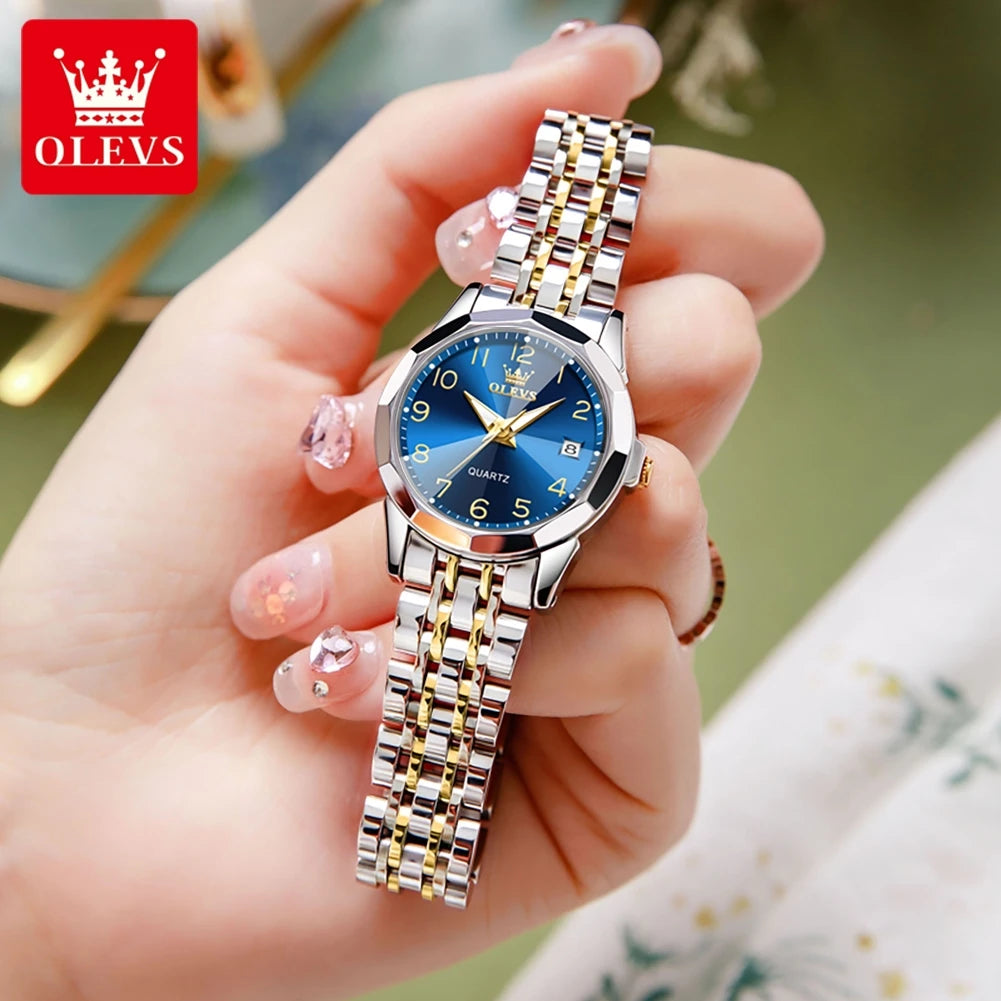 OLEVS 9970 New Luxury Quartz Couple Watch For Men Women Number Dial Rhombus Mirror Hand Clock Stainless Steel Original Watches