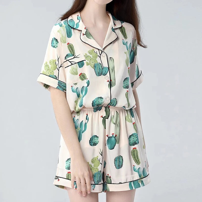 Lotus Leaf Flower Side Cartoon Print Pajamas for Women Purple Bear Graphic Female Short Lounges 2024 New Y2k Summer Housewear
