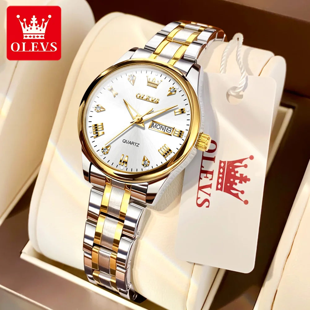 OLEVS 5563 Diamond Luxury Quartz Couple Watches Stainless Steel Waterproof Watch For Men Women Dual Calendar Fashion Hand Clock