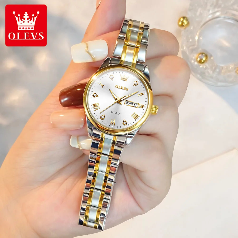 OLEVS 5563 Diamond Luxury Quartz Couple Watches Stainless Steel Waterproof Watch For Men Women Dual Calendar Fashion Hand Clock