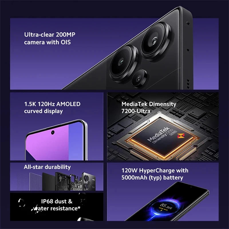 Xiaomi Redmi Note 13 Pro Plus 5G European Version 12+512GB MediaTek Dimensity 7200-Ultra Pantalla de 6,67 ''3D-Curved 1,5K 120Hz ,HyperCharge de 120W Cámara de 200MP NFC