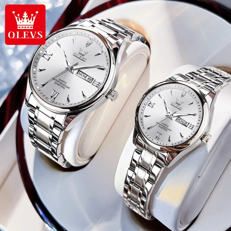 OLEVS Top Brand Couple watch Calendar Waterproof Luminous Quartz Watch for Men's and Lady's Original Fashion Lover's Watches