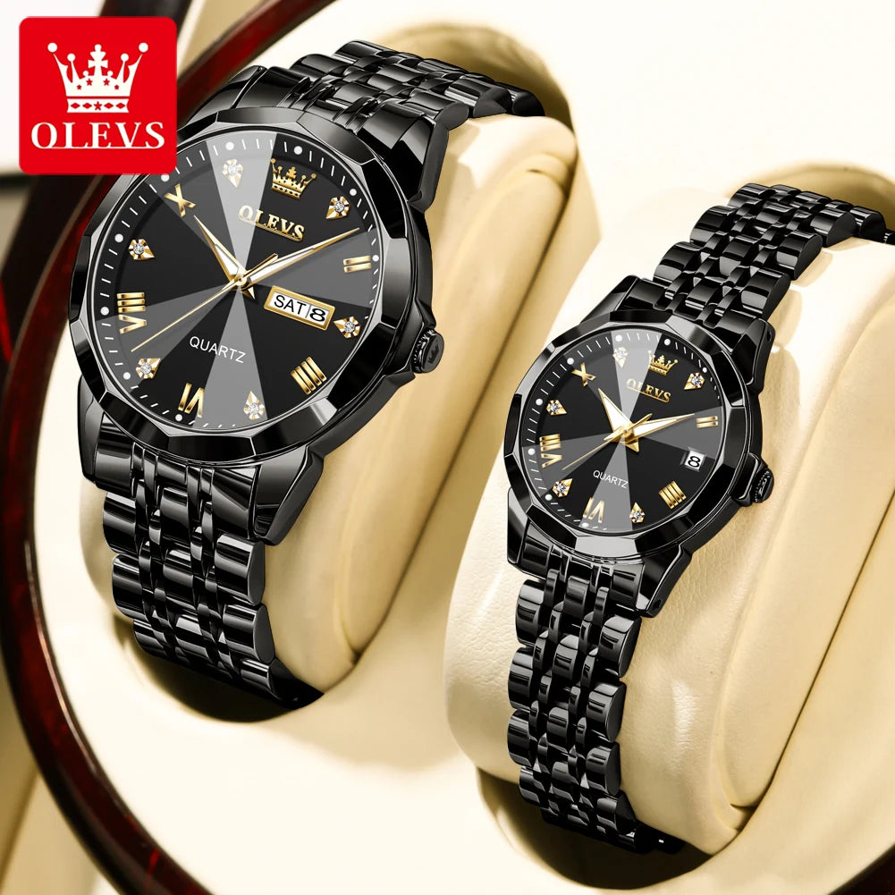 OLEVS 9931 Quartz for Couple Solid Stainless Steel Strap Rhombus Design Fashion Business Wristwatch Men's Watches Waterproof Set