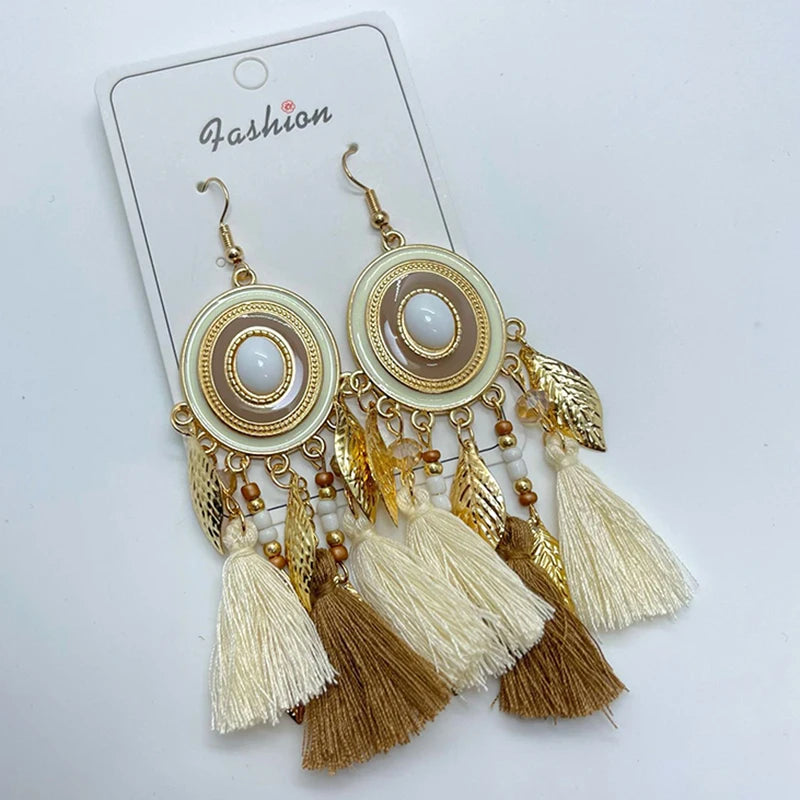 Fashion Boho Oval Drop Glaze Tassel Earrings for Women Ethnic Temperament Metal Leaf Bead Dangle Earring Vacation Party Jewelry