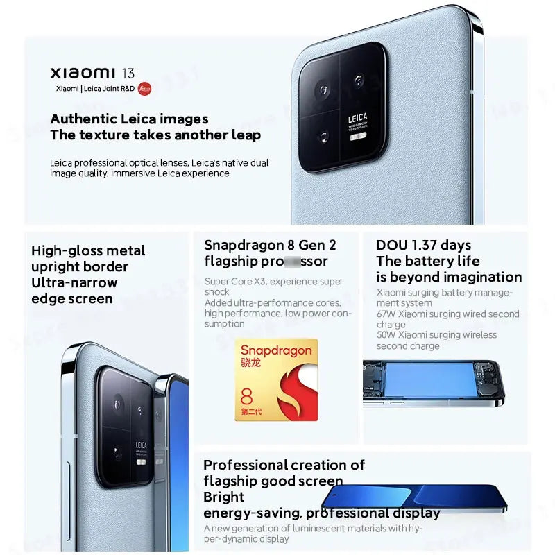 Xiaomi Mi 13 Global ROM Snapdragon 8 Gen 2 Cellphone 120Hz OLED Screen 50MP Leica Camera 67W Fast Charger IP68 MIUI 14