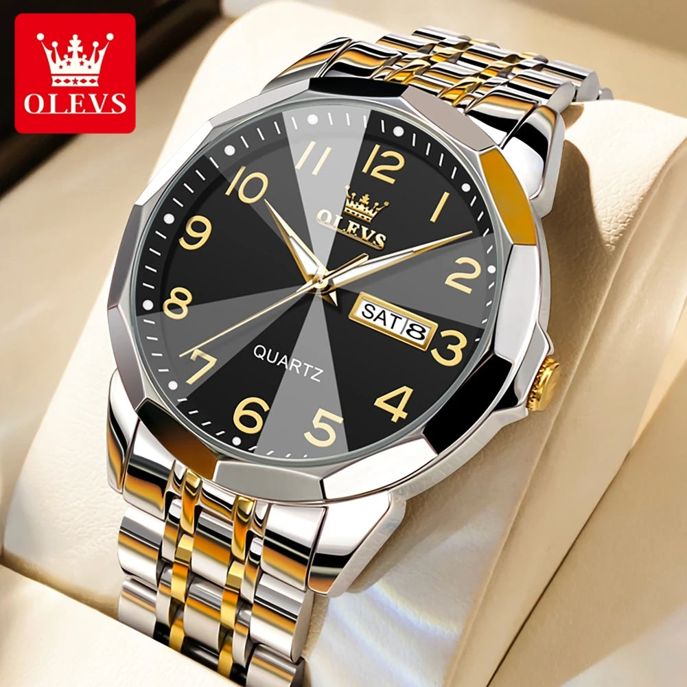 OLEVS 9970 New Luxury Quartz Couple Watch For Men Women Number Dial Rhombus Mirror Hand Clock Stainless Steel Original Watches