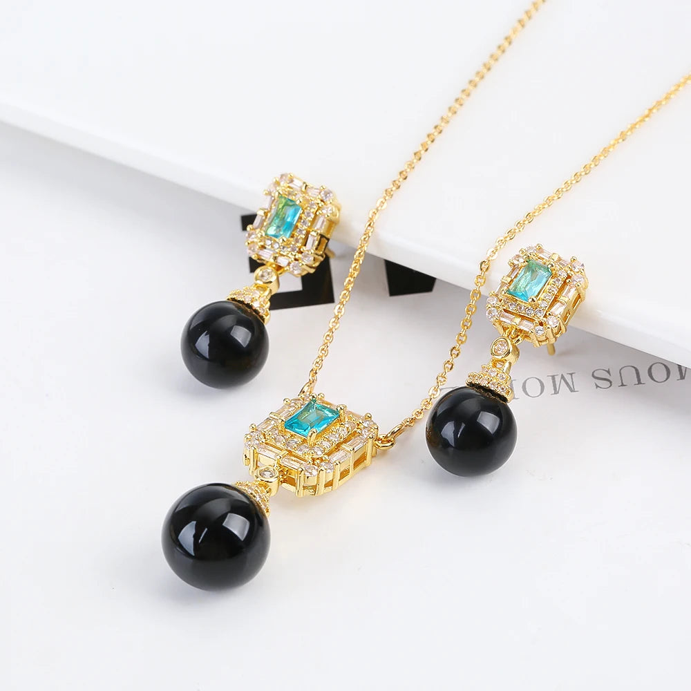 Tiger's Eye Creative Hot Sale Emerald Diamond Inlaid Necklace/Earring Set Women's Stainless Steel Chain High Quality Gift