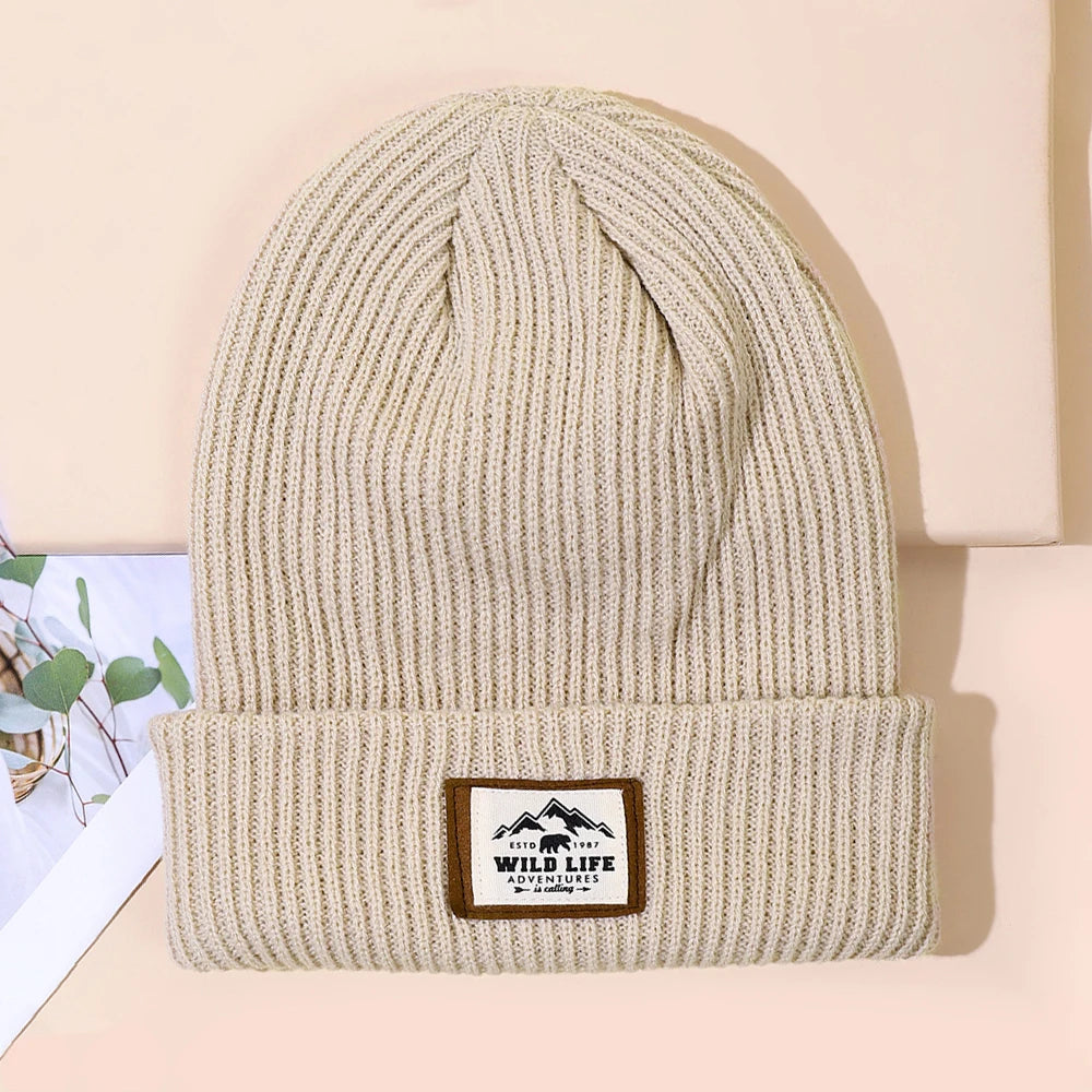 Autumn/Winter Labeled Beanie Unisex Outdoor Stretch Foldable Knitted Hat Warm Pullover Cap for Men Woman Cycling Travel Hiking