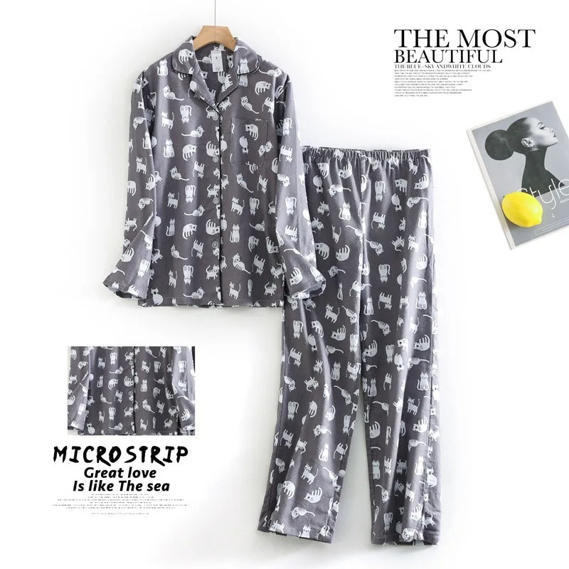 Women's Autumn and Winter Cartoon Printed Fashion Pattern Cotton Warm Brushed Homewear Pajamas Suit for Women Sleepwear