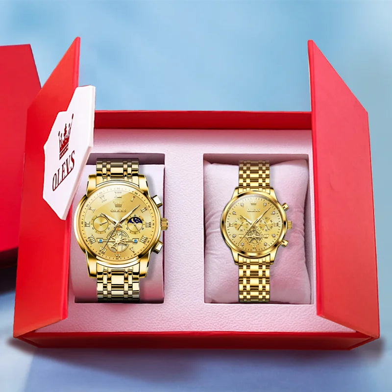 OLEVS Luxury Brand Couple Watches Waterproof Luminous Stainless Steel Quartz Watch His and Hers Moon Phase Fashion Lovers Set