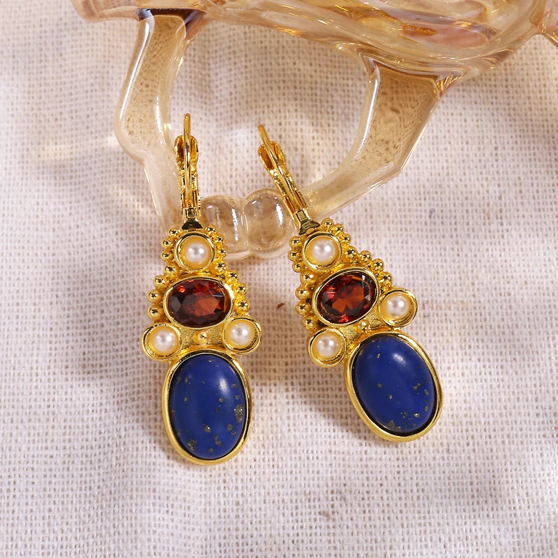 Fashion Gold Color Temperament Female Earrings Oval Lapis Lazuli Inlaid Pearl Leverback Drop Earrings Party Jewelry
