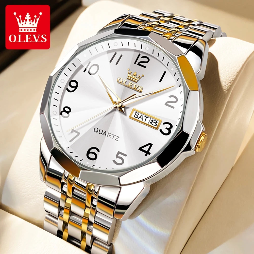OLEVS 9970 New Luxury Quartz Couple Watch For Men Women Number Dial Rhombus Mirror Hand Clock Stainless Steel Original Watches