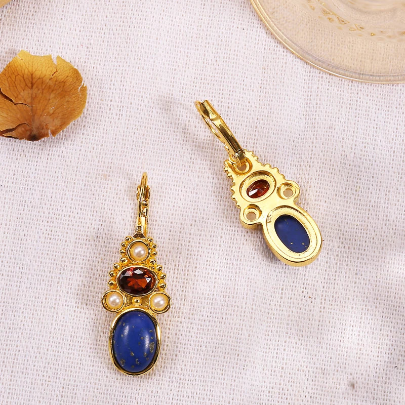 Fashion Gold Color Temperament Female Earrings Oval Lapis Lazuli Inlaid Pearl Leverback Drop Earrings Party Jewelry