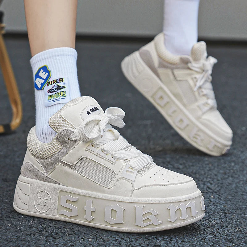 Sneakers Casual Men Designer White Shoes Fashion Microfiber Leather Fabric Breathable Height Increased Flat Platform Board Shoes