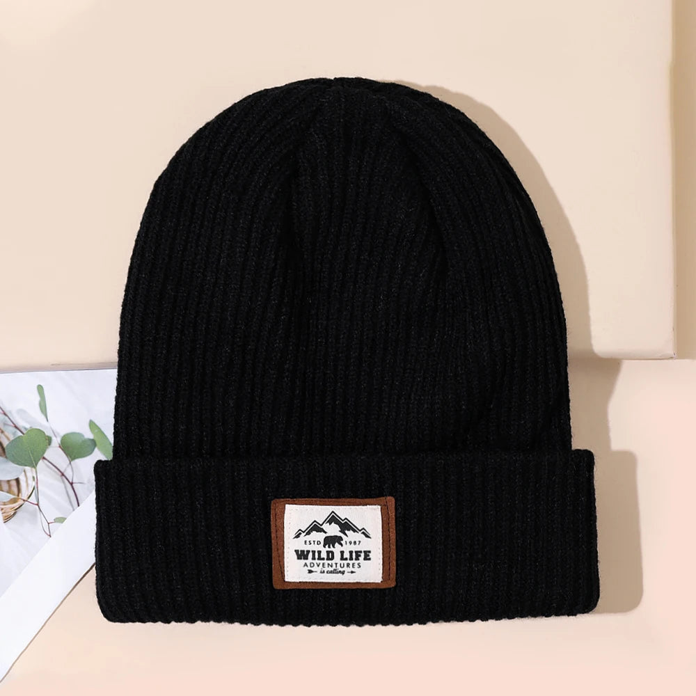 Autumn/Winter Labeled Beanie Unisex Outdoor Stretch Foldable Knitted Hat Warm Pullover Cap for Men Woman Cycling Travel Hiking