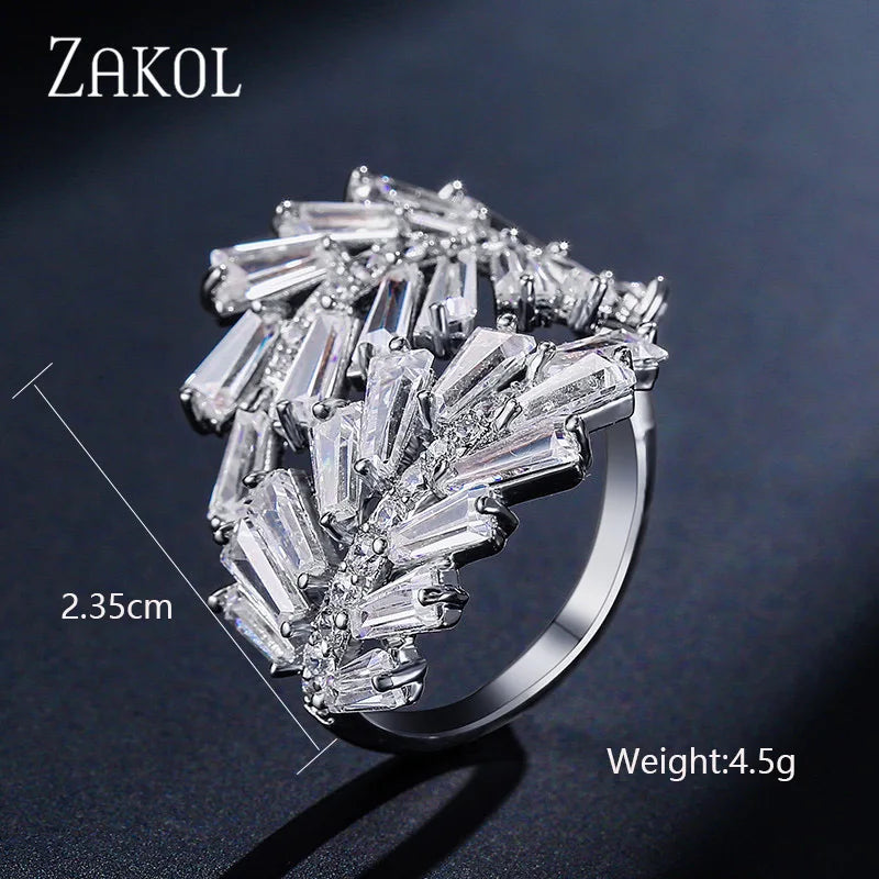 ZAKOL Fashion White Zirconia Leaf Open Rings for Girl Trendy Crystal Wing Finger Adjust Ring Party Women Jewelry