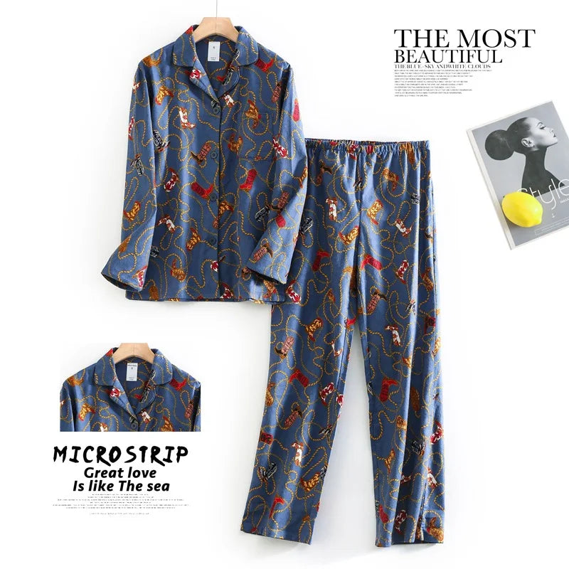 Women's Autumn and Winter Cartoon Printed Fashion Pattern Cotton Warm Brushed Homewear Pajamas Suit for Women Sleepwear