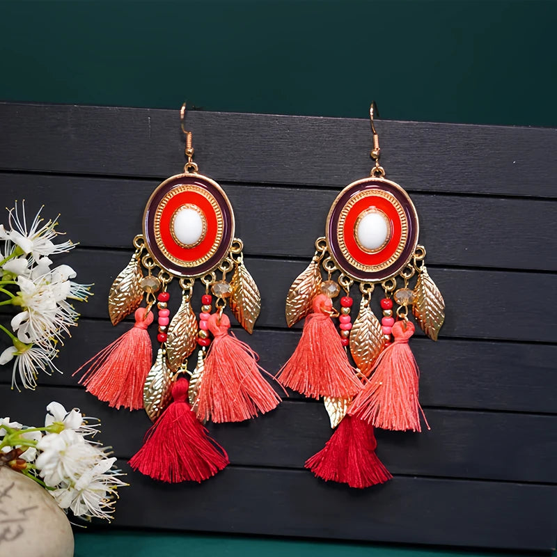 Fashion Boho Oval Drop Glaze Tassel Earrings for Women Ethnic Temperament Metal Leaf Bead Dangle Earring Vacation Party Jewelry